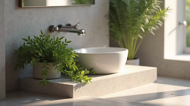 A modern bathroom by a general contractor in Pensacola features a white vessel sink on a concrete countertop, a sleek wall-mounted faucet, and lush green potted plants, with natural light streaming through the window.