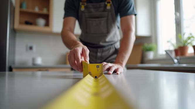 A person in overalls uses a yellow tape measure to measure the length of a kitchen countertop, highlighting the precision and care taken during a kitchen remodel by a general contractor Pensacola trusts.