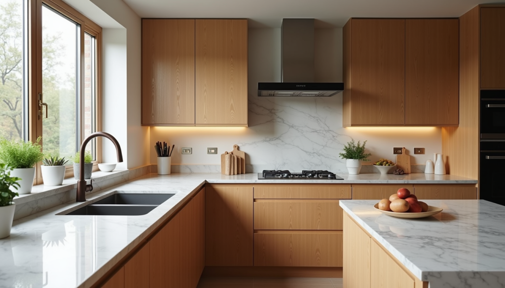 A modern kitchen with wooden cabinets, white marble countertops, a gas stove, and potted plants on the windowsill. Perfect for your next Pensacola kitchen remodel, this airy space features a black faucet and a bowl of fruit on the island.