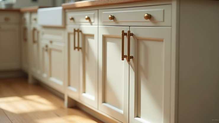A close-up of cream-colored kitchen cabinets with brass handles and a wooden countertop, set on a light wood floor in a sunlit kitchen—showcasing quality found in Pensacola remodeling and expert kitchen remodel craftsmanship.
