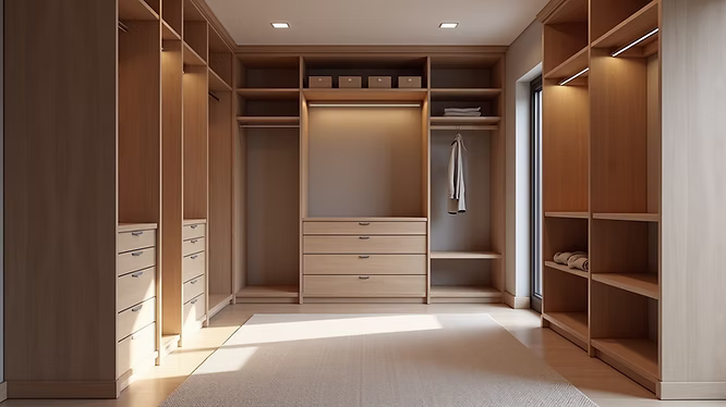 Spacious, modern walk-in closet with wooden shelves, drawers, and open storage. Two shirts hang, a few folded items on shelves. Natural light streams in from a window—another touch by your trusted general contractor Pensacola.