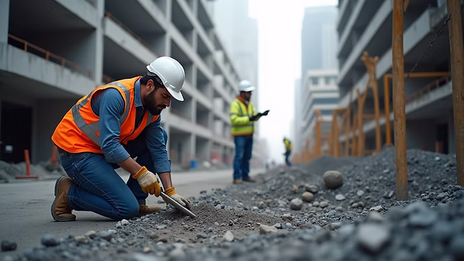A construction worker wearing a hard hat and orange safety vest kneels on a gravel road, using a trowel. Two other workers stand in the background between unfinished buildings—a typical day for a general contractor Pensacola trusts for home construction.
