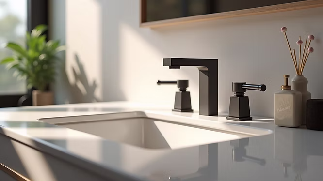 A modern bathroom sink with a sleek black faucet, white countertop, decorative bottles, and a plant in the background—perfect inspiration for your next Pensacola remodeling or bathroom remodel project, all lit by natural sunlight.