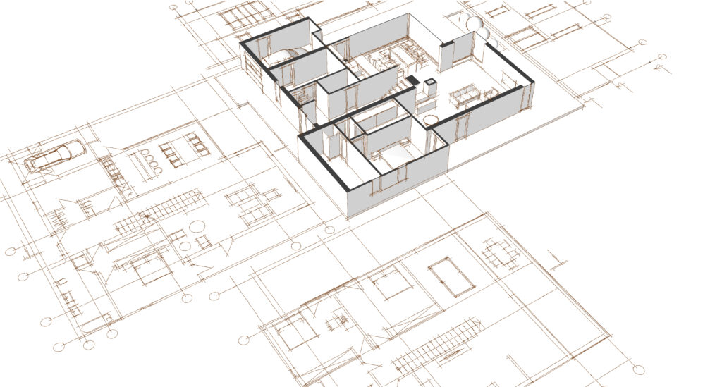 3D architectural floor plan model of a house overlaying technical blueprints, ideal for planning a Pensacola remodeling project—showing walls, rooms, and layout details from a top-down perspective for kitchen or bathroom remodels.