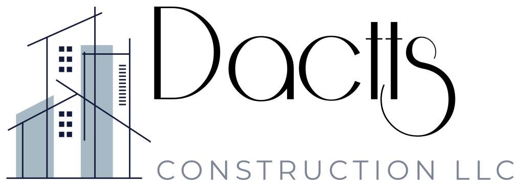 Logo for Dactts Construction LLC, featuring stylized text and a graphic of modern buildings with intersecting lines on the left. Ideal for a Pensacola remodeling or general contractor company specializing in home construction.
