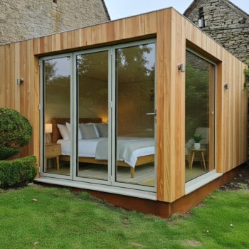 A modern wooden garden room with large glass sliding doors and windows reveals a cozy bedroom inside. Surrounded by green grass and neat bushes, it showcases the quality you’d expect from a top general contractor Pensacola trusts.